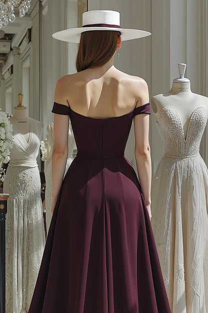 Cabernet A Line Satin Off the Shoulder Long Mother of the Bride Jumpsuits