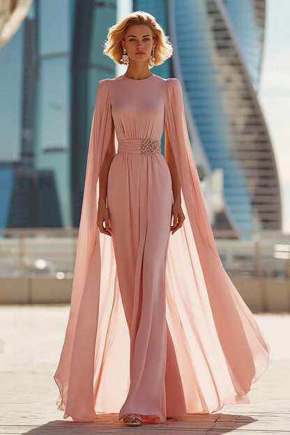 Sparkly Blush Pink Round Neck Long Mother of the Bride Dress with Cape