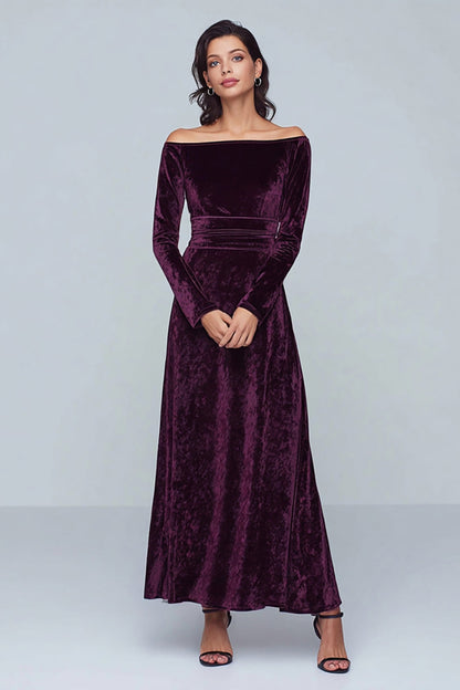 Plum Velvet A-Line Long Holiday Party Dress with Long Sleeves