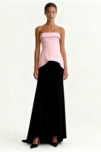 Black and Pink Satin Strapless Sheath Long Formal Dress