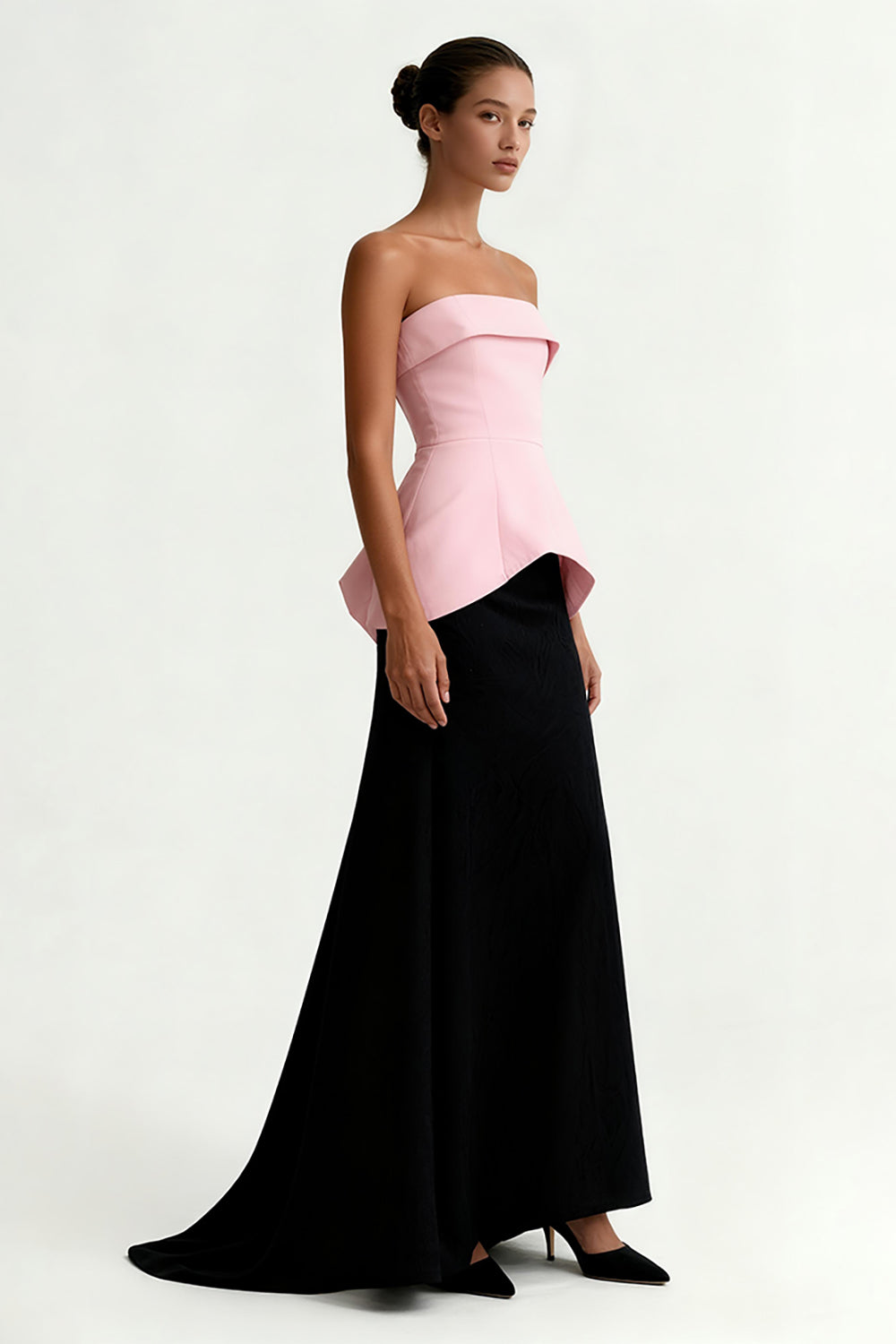 Black and Pink Satin Strapless Sheath Long Formal Dress