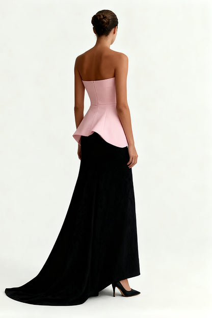 Black and Pink Satin Strapless Sheath Long Formal Dress