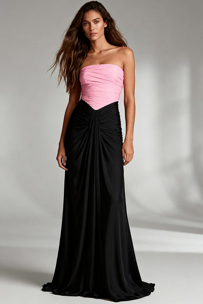 Black and Pink Strapless Satin Ruched Long Formal Dress