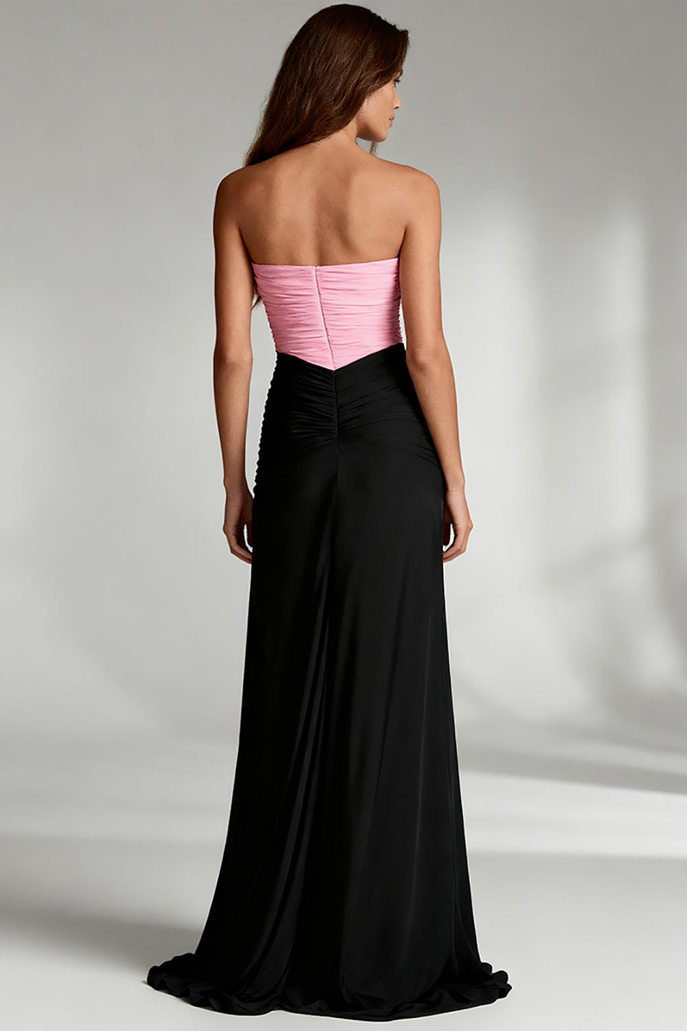 Black and Pink Strapless Satin Ruched Long Formal Dress
