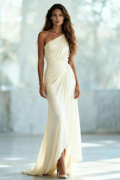 Ivory Ruched Chiffon Sheath One Shoulder Long Formal Dress