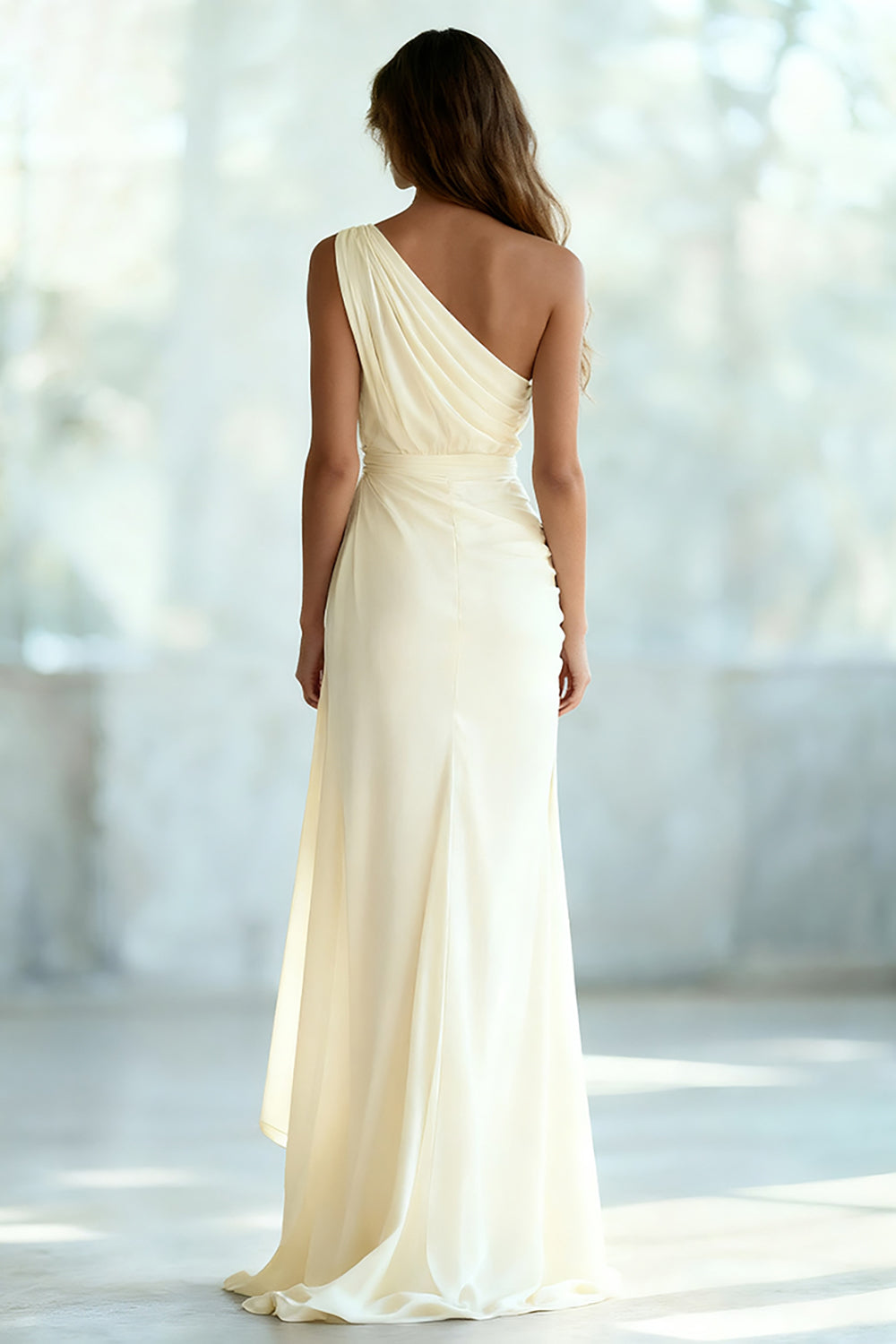Ivory Ruched Chiffon Sheath One Shoulder Long Formal Dress