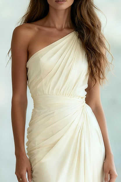 Ivory Ruched Chiffon Sheath One Shoulder Long Formal Dress