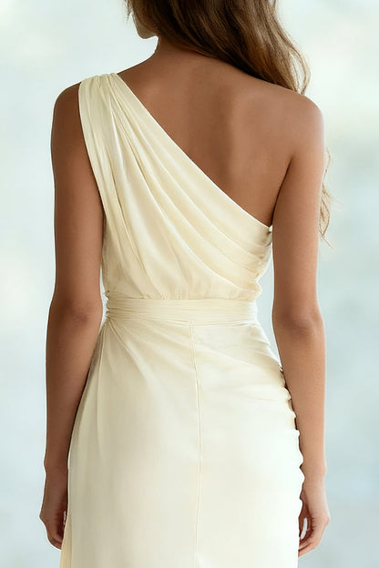 Ivory Ruched Chiffon Sheath One Shoulder Long Formal Dress
