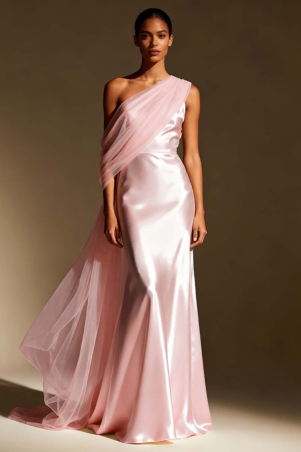 White Mermaid Satin One Shoulder Long Formal Dress with Side Cape
