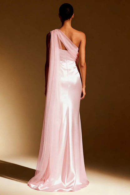 White Mermaid Satin One Shoulder Long Formal Dress with Side Cape