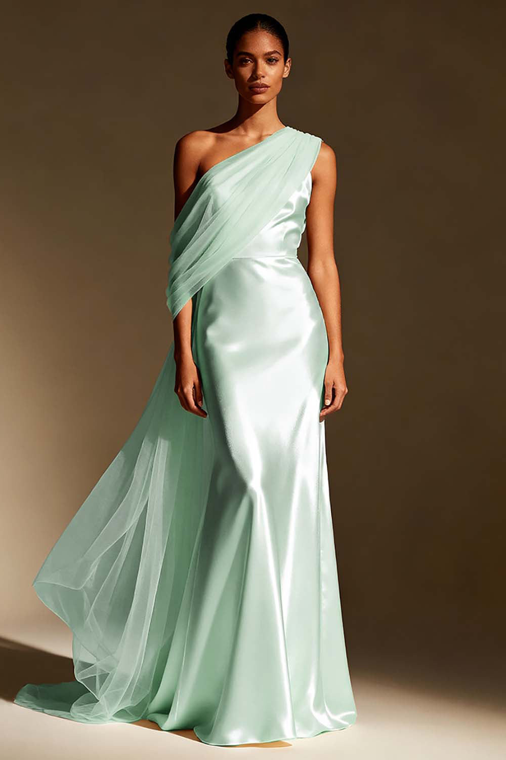 White Mermaid Satin One Shoulder Long Formal Dress with Side Cape