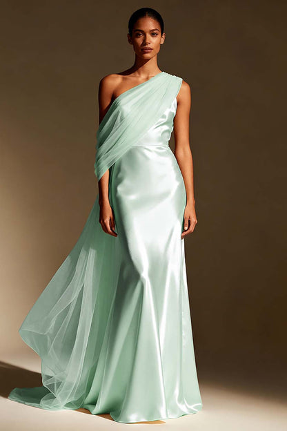 White Mermaid Satin One Shoulder Long Formal Dress with Side Cape