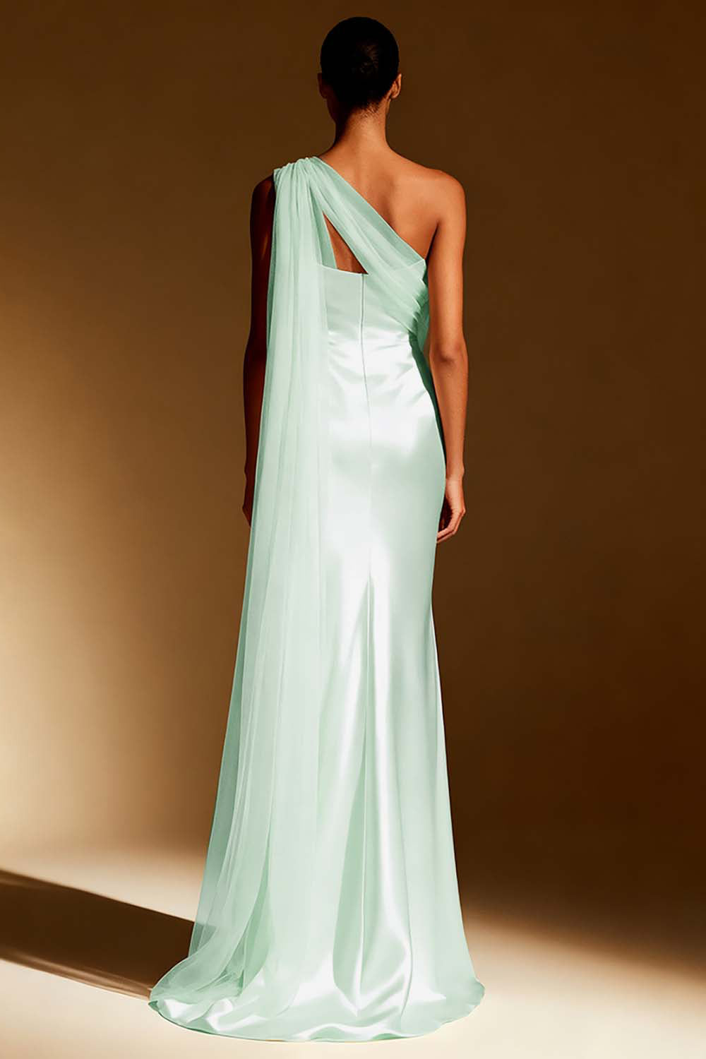 White Mermaid Satin One Shoulder Long Formal Dress with Side Cape