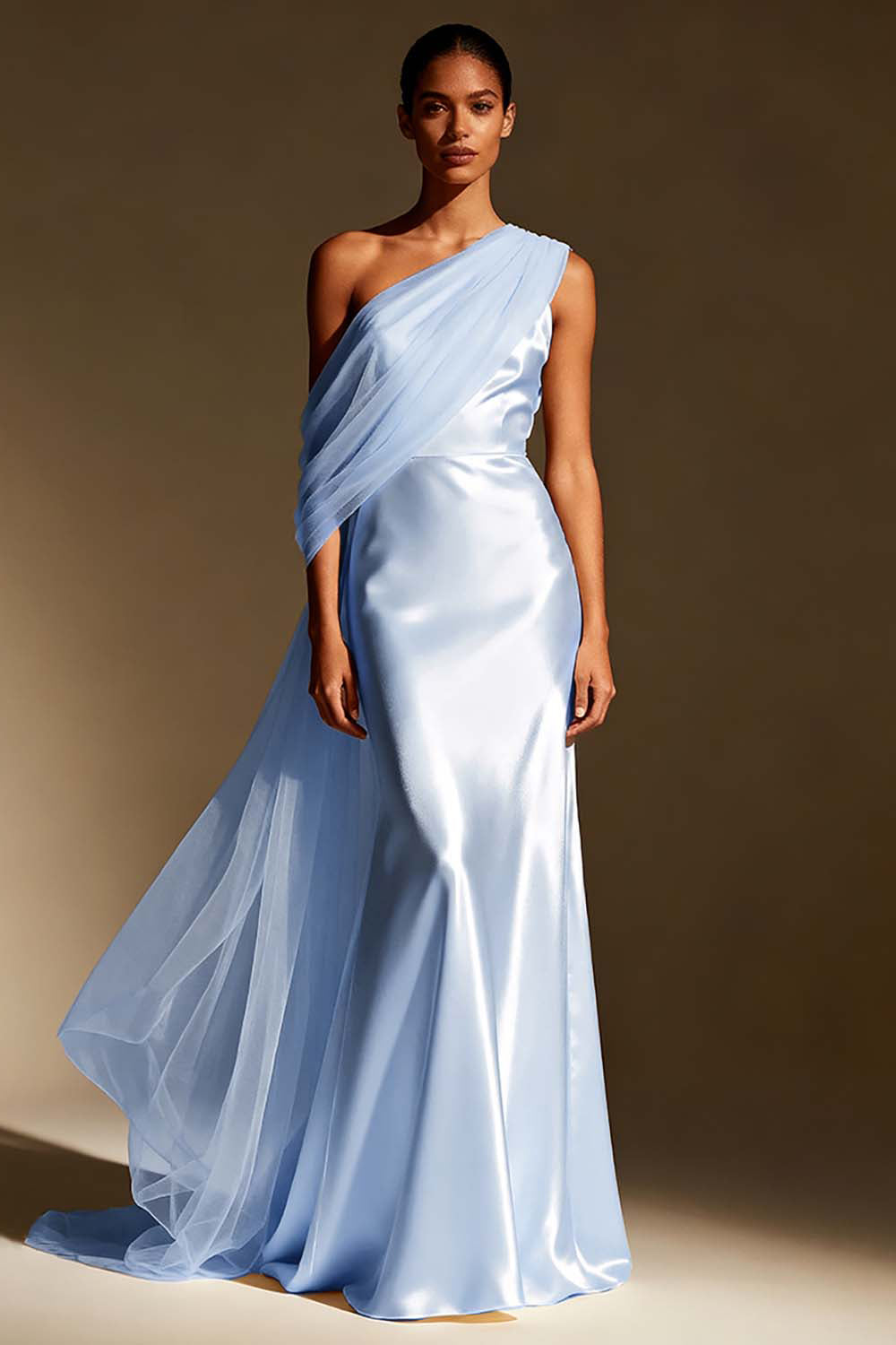 White Mermaid Satin One Shoulder Long Formal Dress with Side Cape