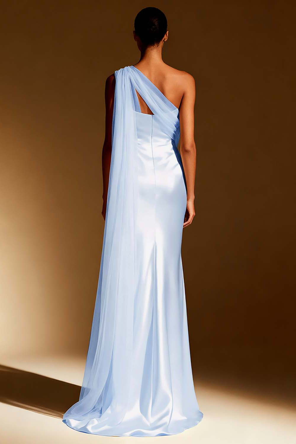 White Mermaid Satin One Shoulder Long Formal Dress with Side Cape