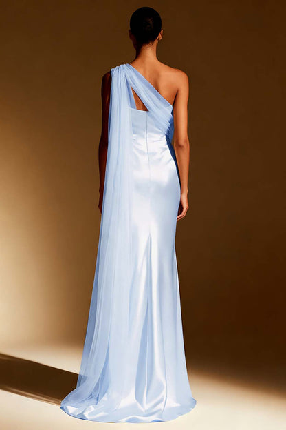 White Mermaid Satin One Shoulder Long Formal Dress with Side Cape