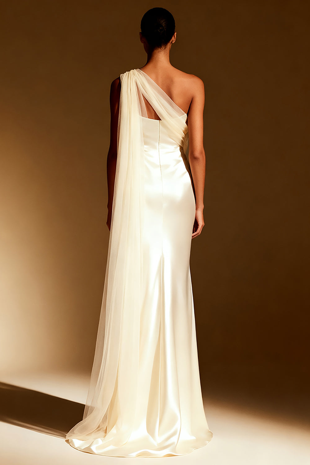 White Mermaid Satin One Shoulder Long Formal Dress with Side Cape