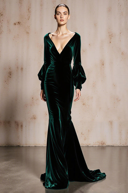 Velvet V Neck Mermaid Dark Green Long Evening Dress with Sleeve