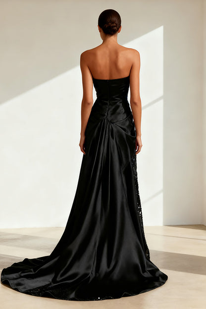 Black Strapless Satin Sequins Long Evening Dress with Slit