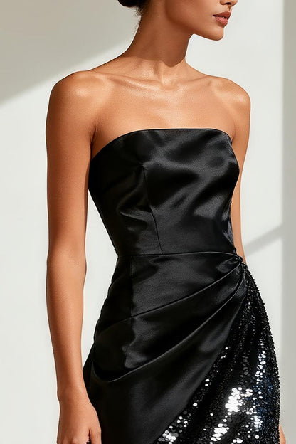 Sparkly Black Strapless Satin Long Formal Dress with Slit