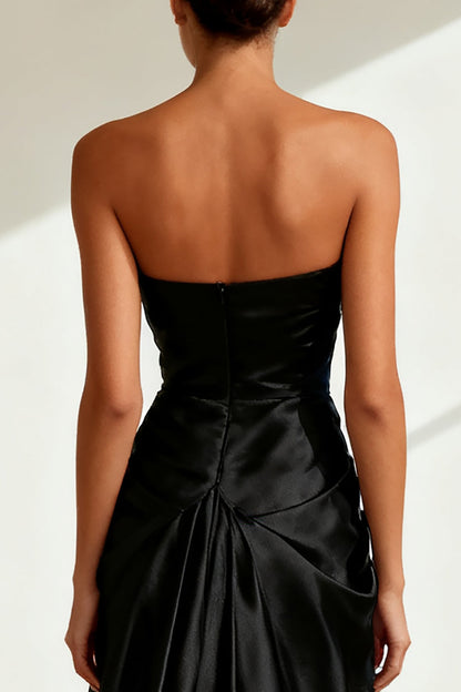 Sparkly Black Strapless Satin Long Formal Dress with Slit