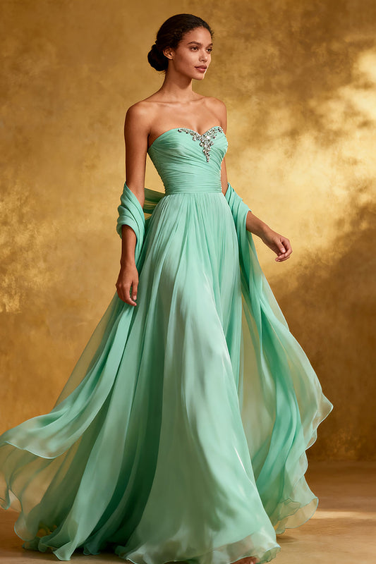 Sparkly Mint Green Chiffon Strapless Long Formal Dress with Shawl