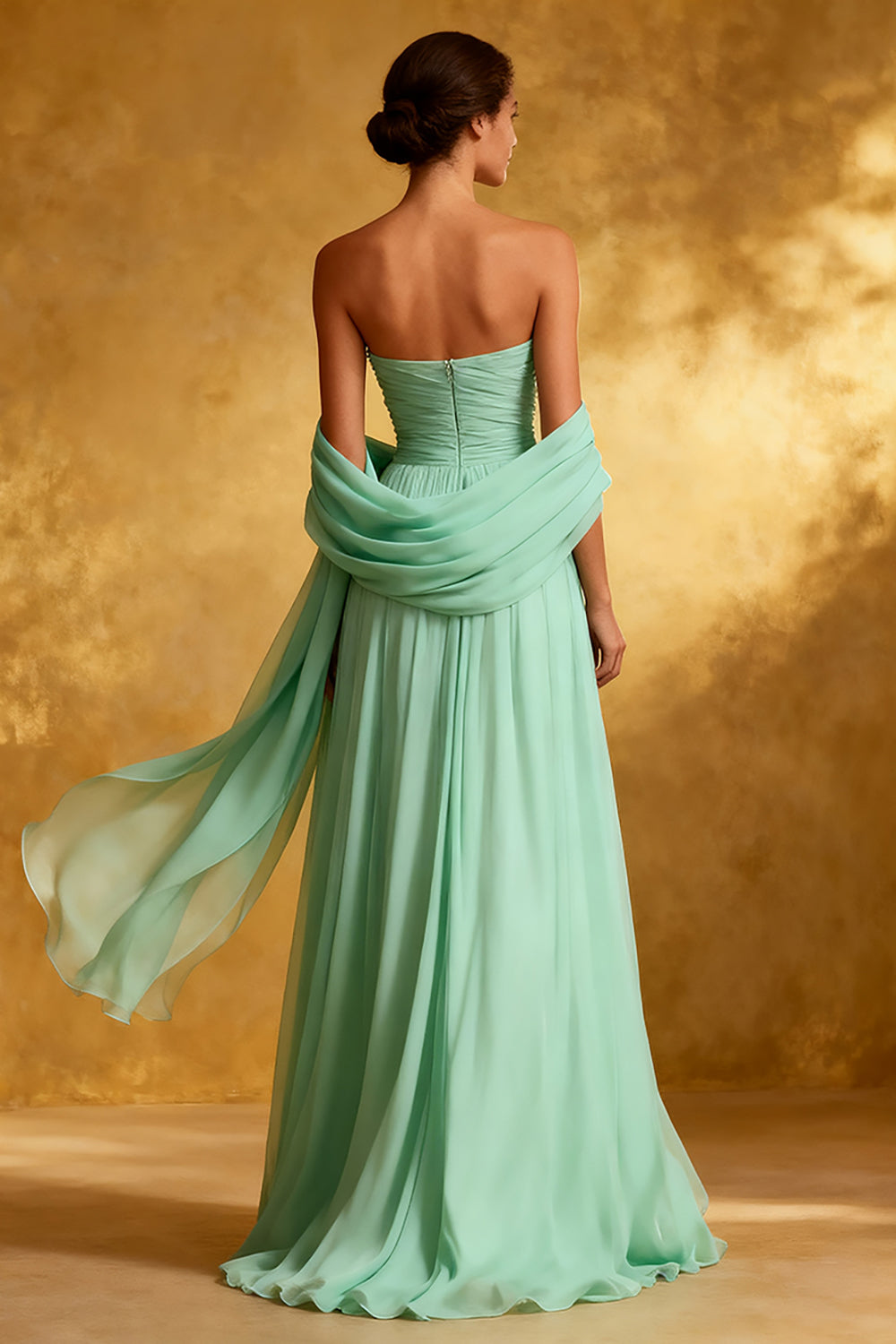Sparkly Mint Green Chiffon Strapless Long Formal Dress with Shawl