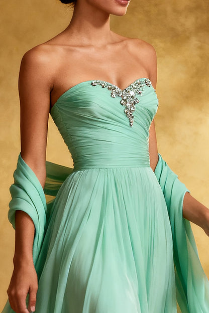 Sparkly Mint Green Chiffon Strapless Long Formal Dress with Shawl