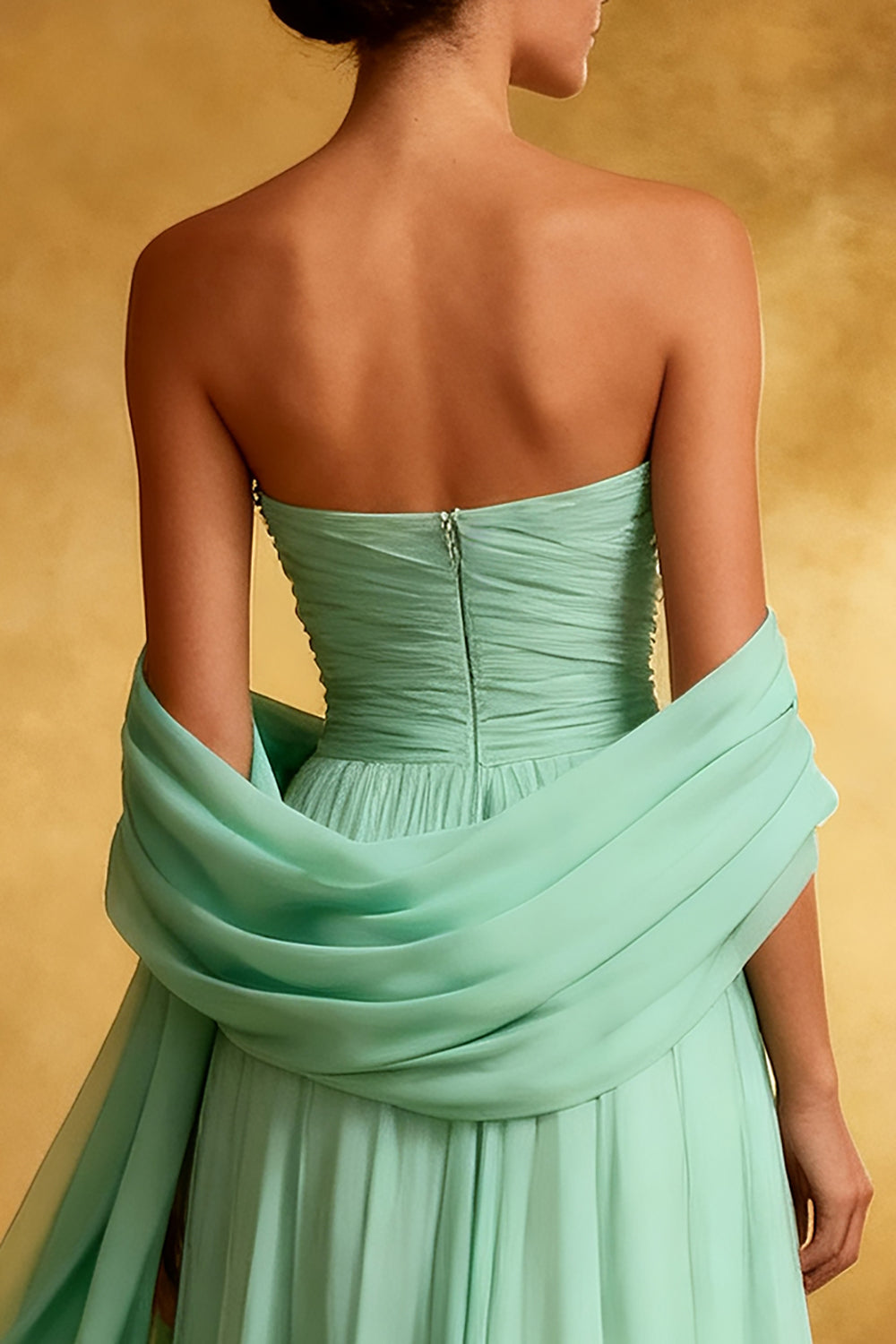 Sparkly Mint Green Chiffon Strapless Long Formal Dress with Shawl