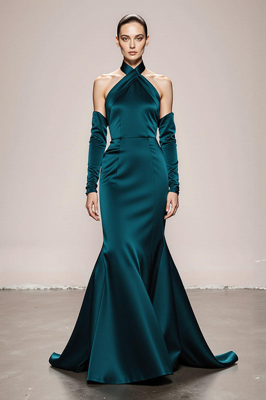 Peacock Green Halter Satin Mermaid Long Formal Dress