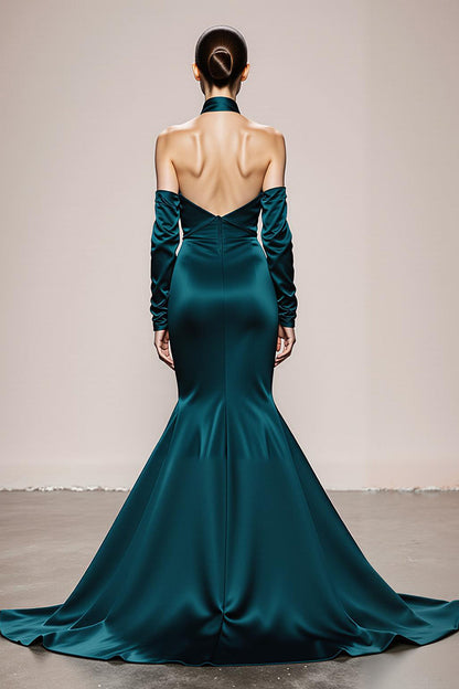 Peacock Green Halter Satin Mermaid Long Formal Dress