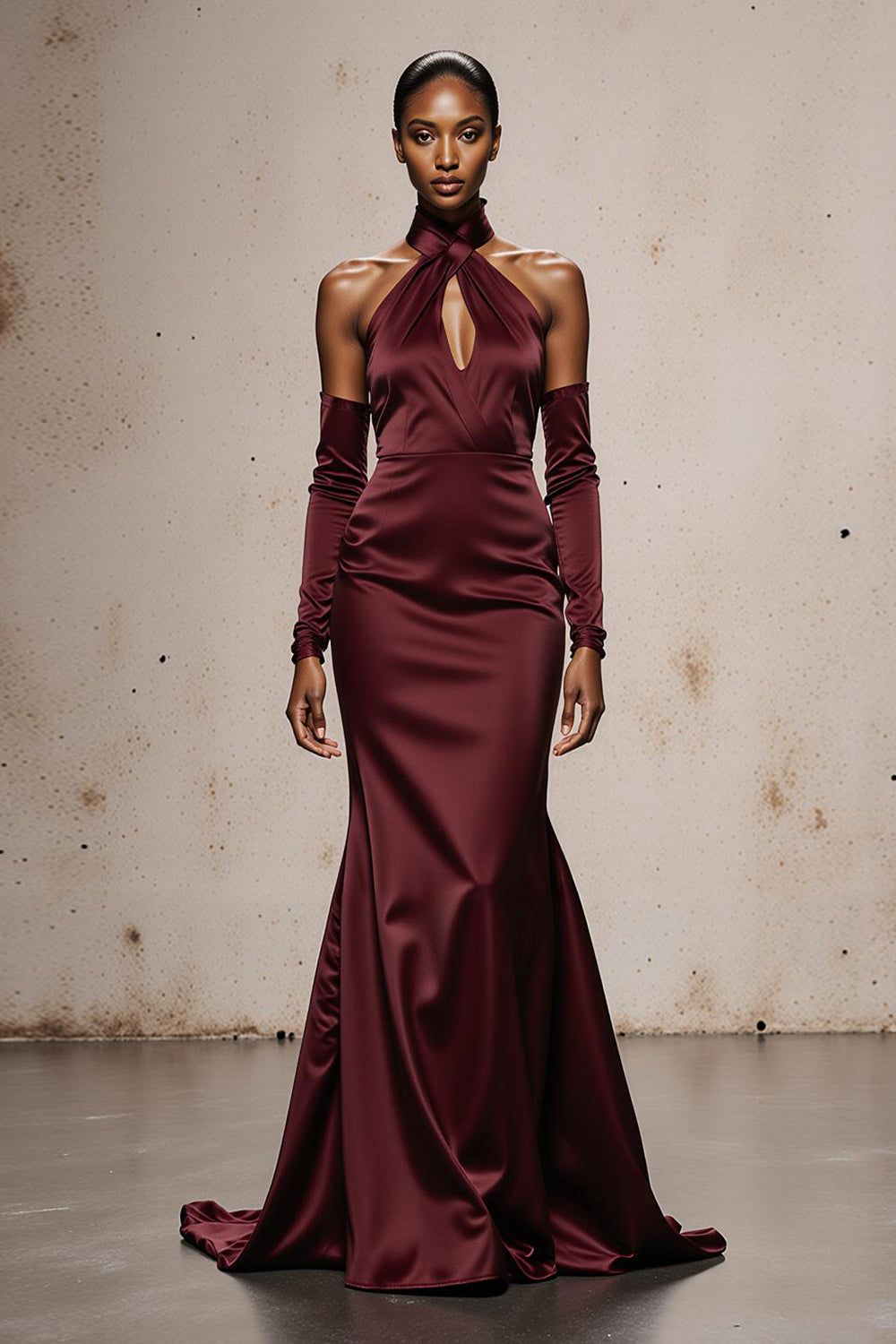 Burgundy Satin Halter Mermaid Long Formal Dress with Sleeves