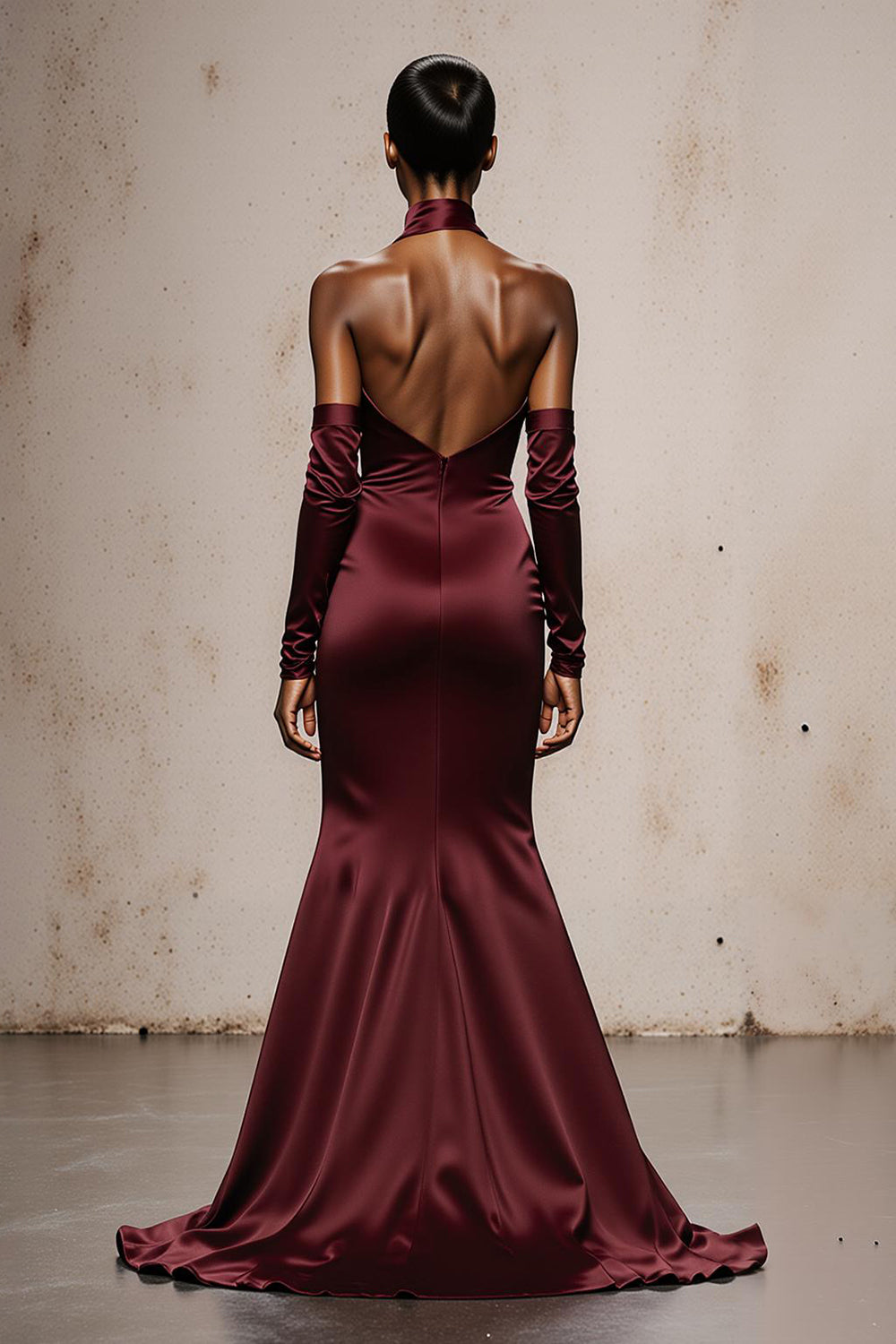 Burgundy Satin Halter Mermaid Long Formal Dress with Sleeves