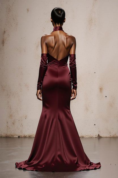 Burgundy Satin Halter Mermaid Long Formal Dress with Sleeves