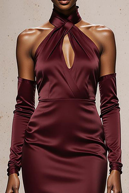 Burgundy Satin Halter Mermaid Long Formal Dress with Sleeves