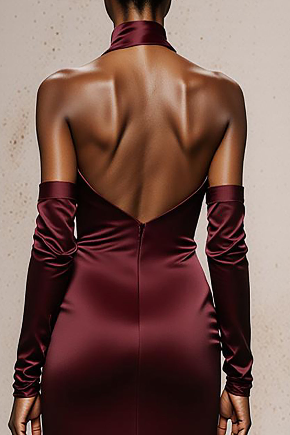 Burgundy Satin Halter Mermaid Long Formal Dress with Sleeves