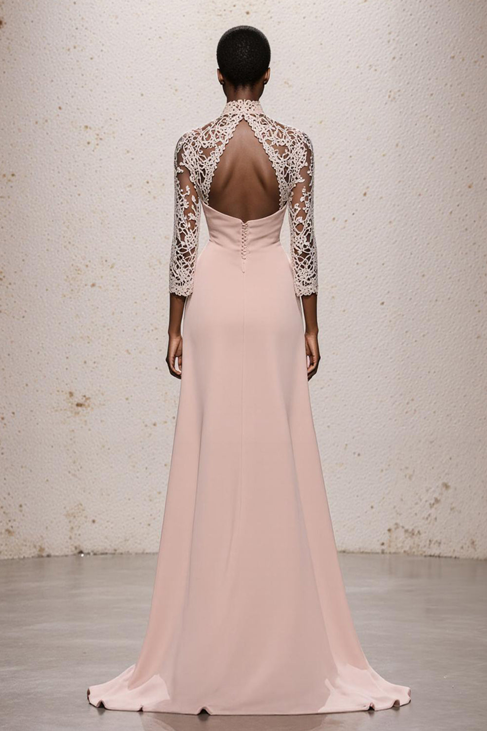 Simple Light Pink High Neck Long Formal Dress with Lace