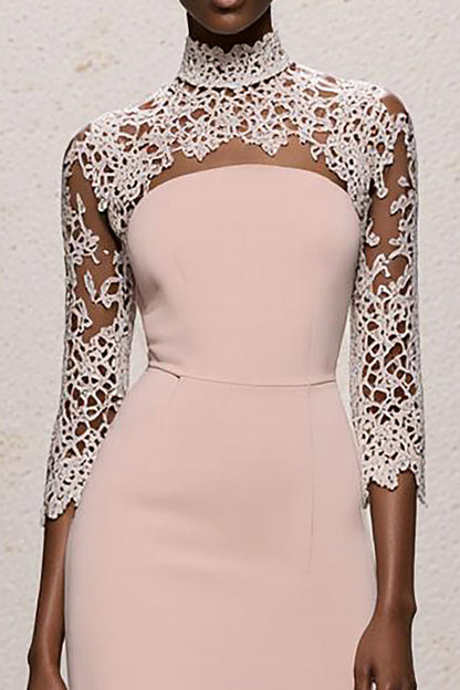 Simple Light Pink High Neck Long Formal Dress with Lace