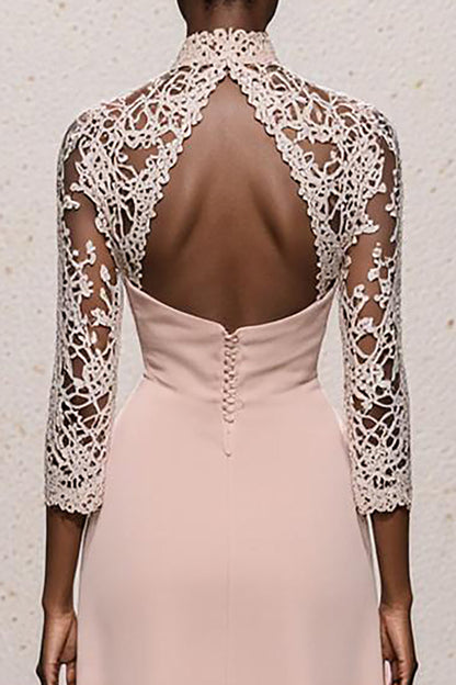 Simple Light Pink High Neck Long Formal Dress with Lace