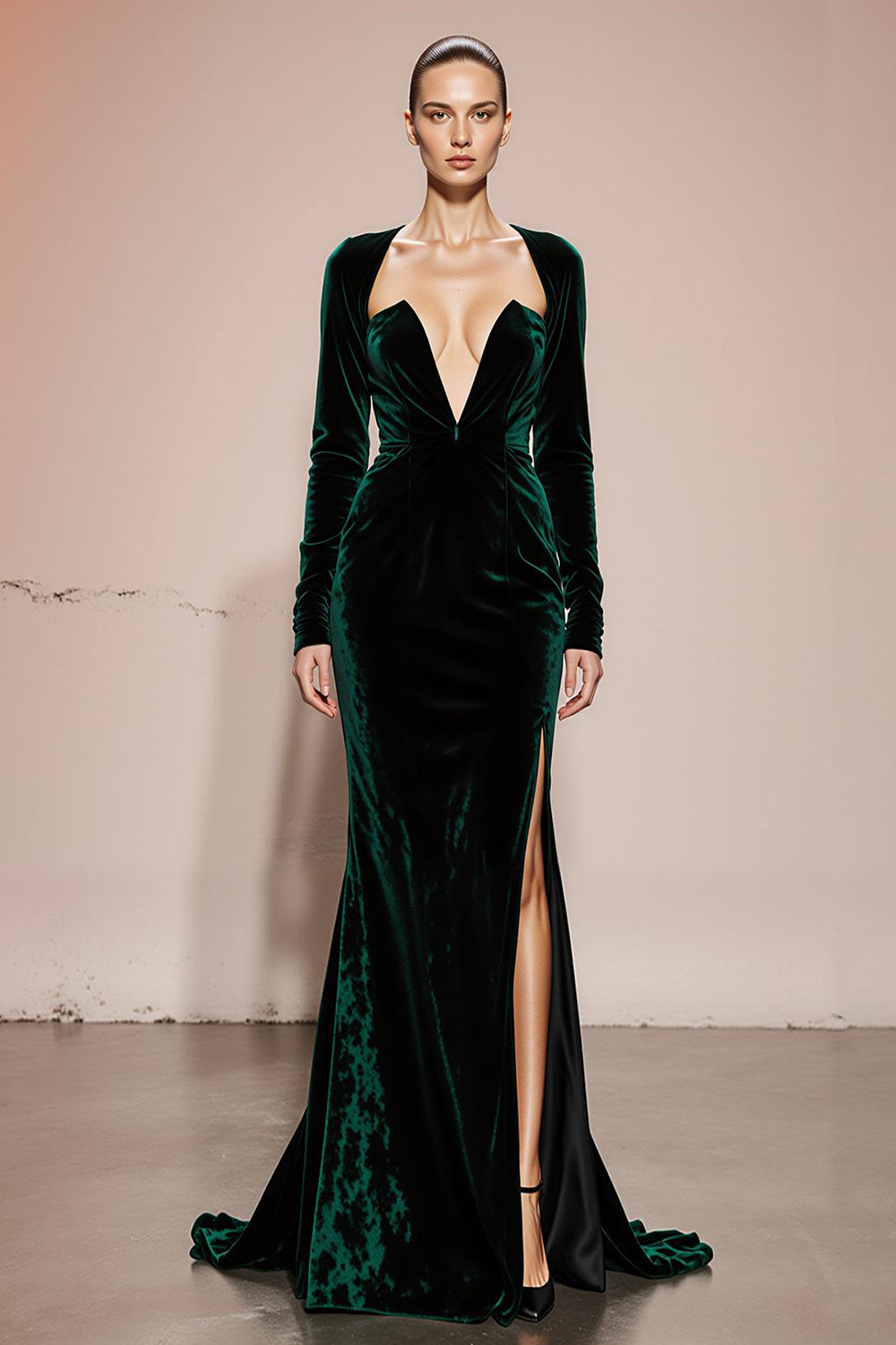 Dark Green Velvet Mermaid Long Sleeves Formal Dress with Slit
