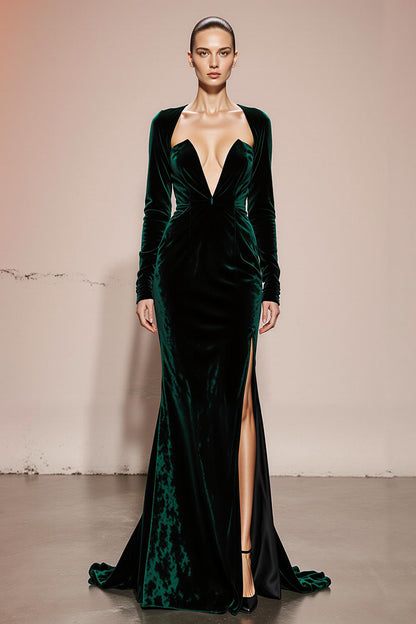 Dark Green Velvet Mermaid Long Sleeves Formal Dress with Slit