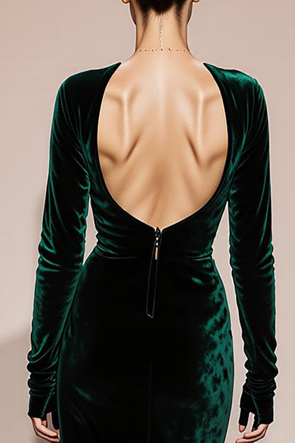 Dark Green Velvet Mermaid Long Sleeves Formal Dress with Slit