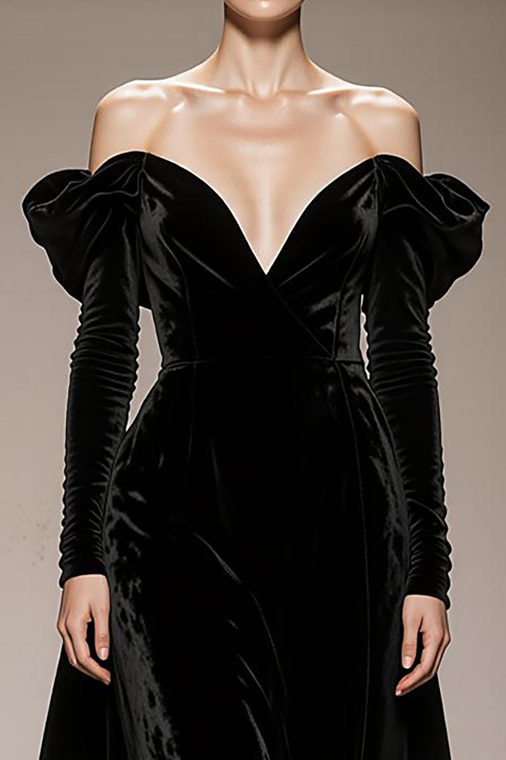 Black Off the Shoulder Velvet A Line Long Formal Dress with Sleeves