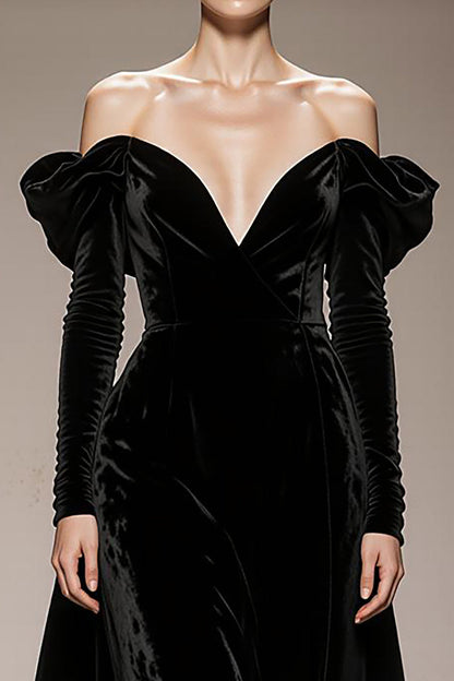 Black Off the Shoulder Velvet A Line Long Formal Dress with Sleeves