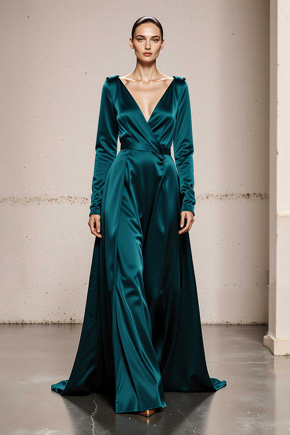 Peacock Green V-Neck Satin A Line Long Formal Dress with Sleeves