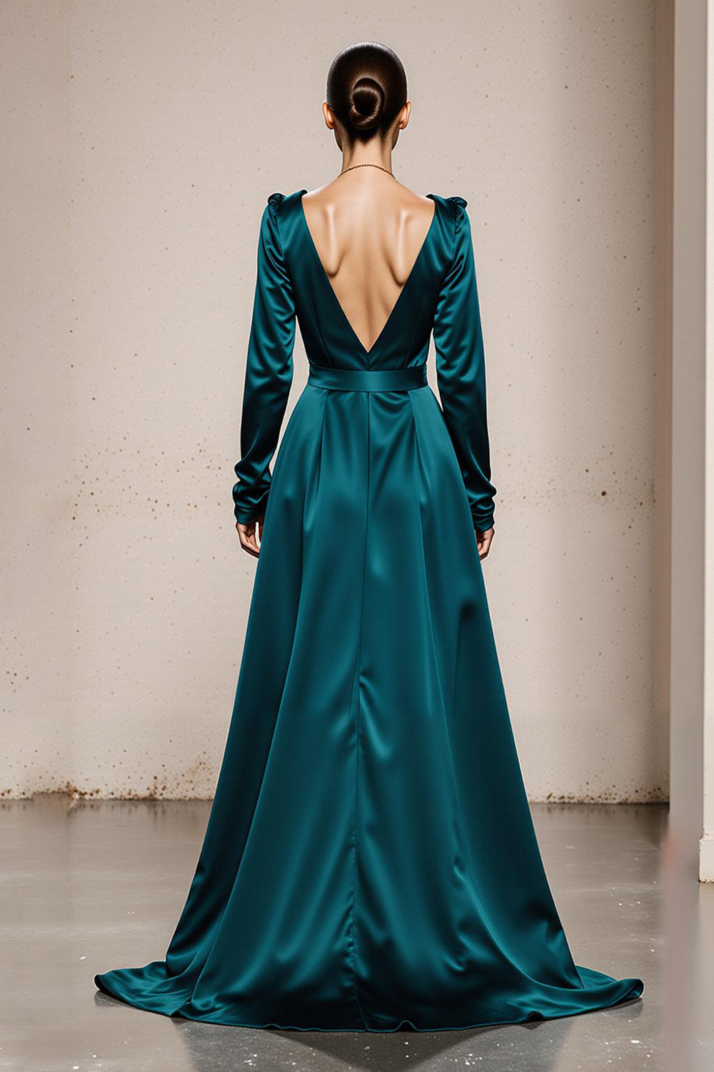 Peacock Green V-Neck Satin A Line Long Formal Dress with Sleeves
