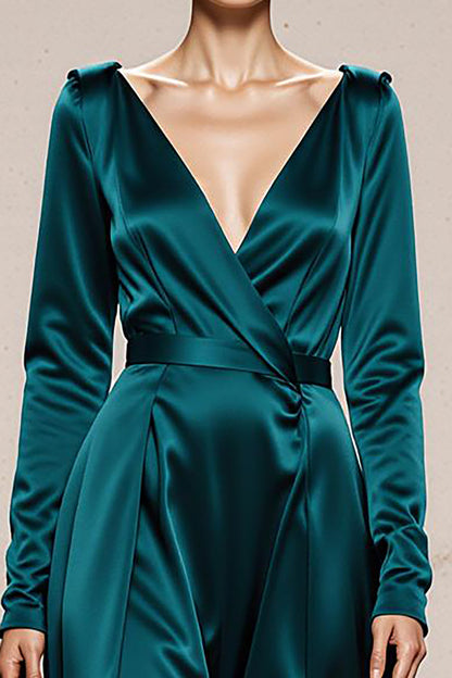 Peacock Green V-Neck Satin A Line Long Formal Dress with Sleeves