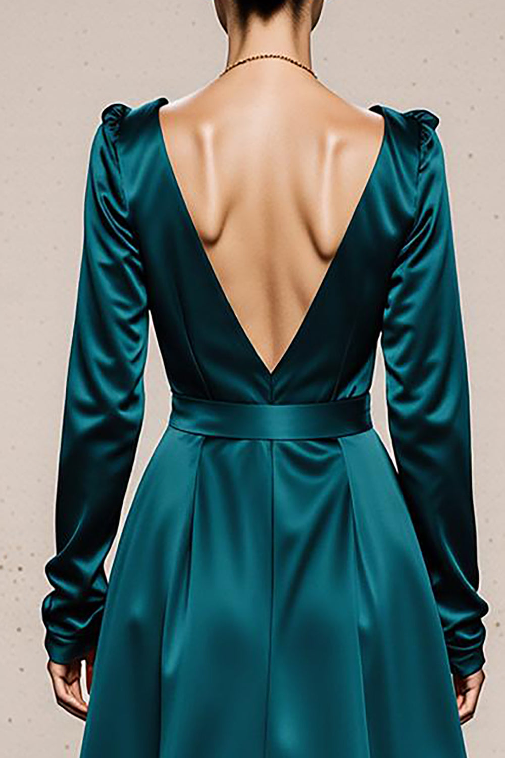 Peacock Green V-Neck Satin A Line Long Formal Dress with Sleeves