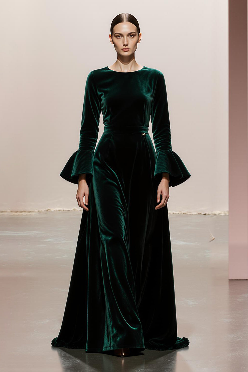 Dark Green Round Neck Velvet A Line Long Formal Dress with Sleeves