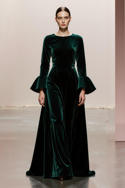 Dark Green Round Neck Velvet A Line Long Formal Dress with Sleeves